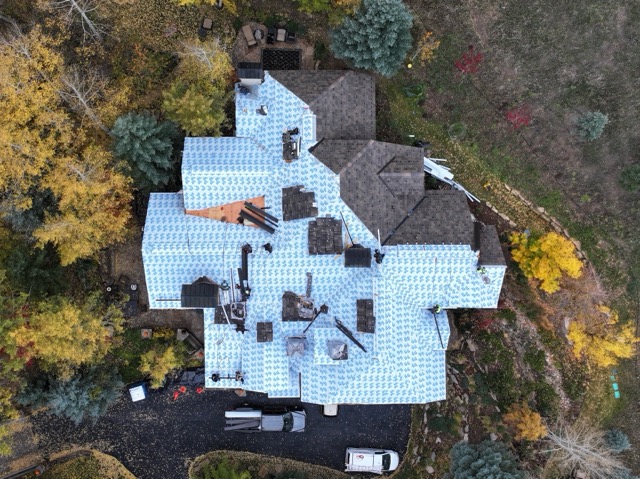 Aerial view of a roof with underlayment installed